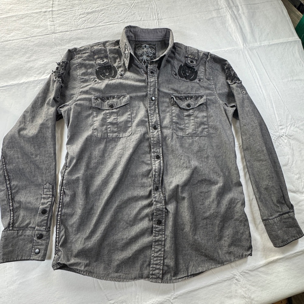 Roar Mens Large Gray Embroidered Button Zip Shirt Distressed Western Grunge Y2K